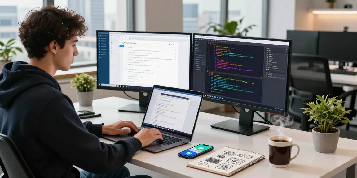 Focused professional engaging with the Telegram Web Version on dual monitors in a bright, modern workspace.