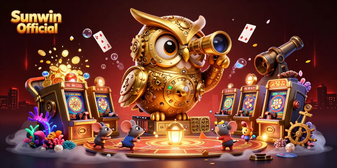 Experience the thrill of Sunwin Official with a vibrant 3D illustration showcasing a whimsical casino scene filled with treasure and excitement.
