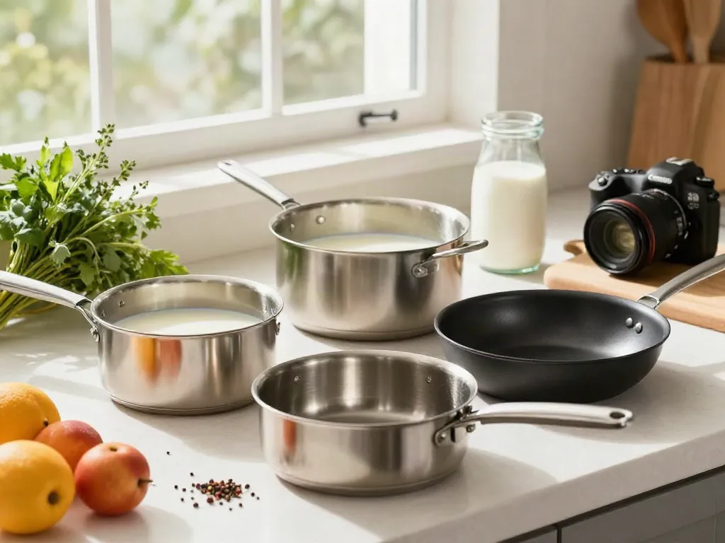 Quality milk pans displayed on a kitchen countertop with fresh herbs and milk, inviting cooking environment.