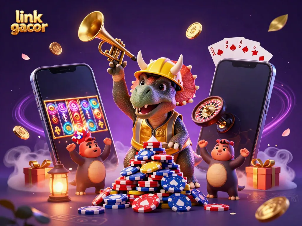 Experience the excitement of link gacor with playful cartoon dinosaurs at a lively casino scene.