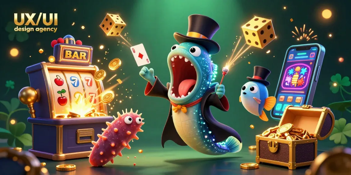 An amazing spectacle from a UX/UI design agency, showcasing a deep-sea gulper eel magician, anglerfish spotlight, and magical elements in a vibrant casino scene.