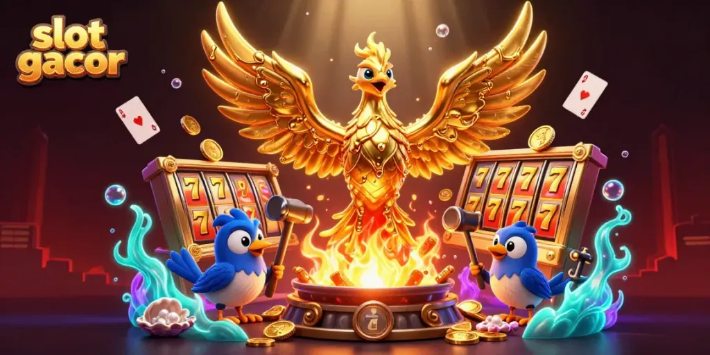 Experience slot gacor with a golden phoenix and vibrant casino elements in 3D illustration