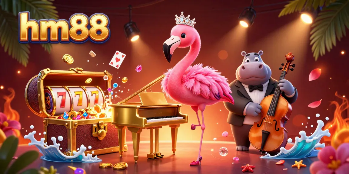 Experience the excitement of hm88 with a vibrant casino scene featuring a flamingo singer and hippo bassist.