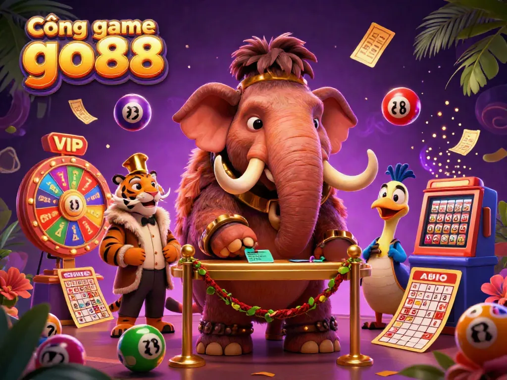 Cổng game go88 features a mammoth bouncer checking IDs at a vibrant casino entrance with colorful elements.