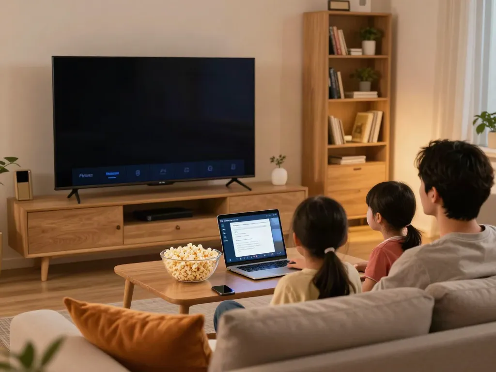 Pikasho APK setup showing a user enjoying movies on a smart TV with family.