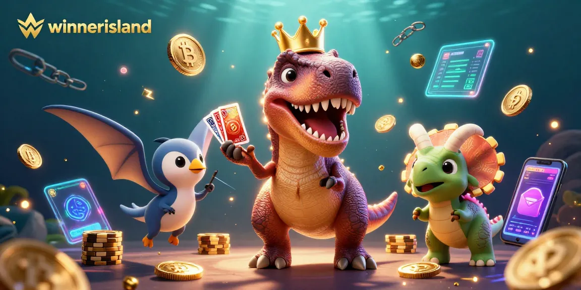 Engaging winnerisland casino scene with T-Rex and friends playing cards and stacking chips amid glowing crypto elements.