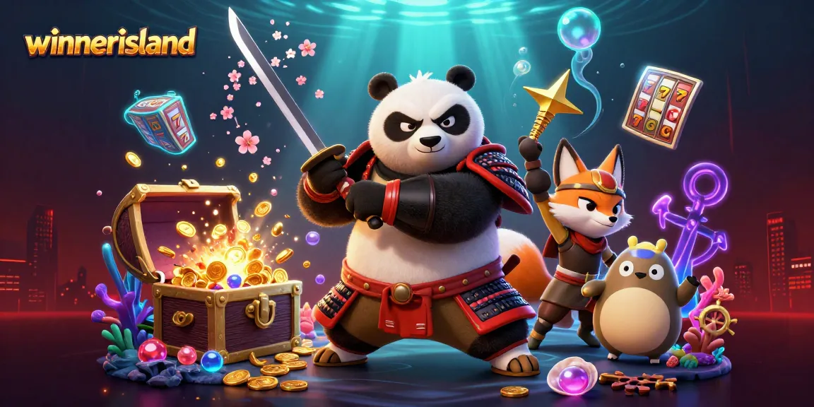 Engage in thrilling gameplay at Winner Island with vibrant visuals of samurai, fox, and magical elements.
